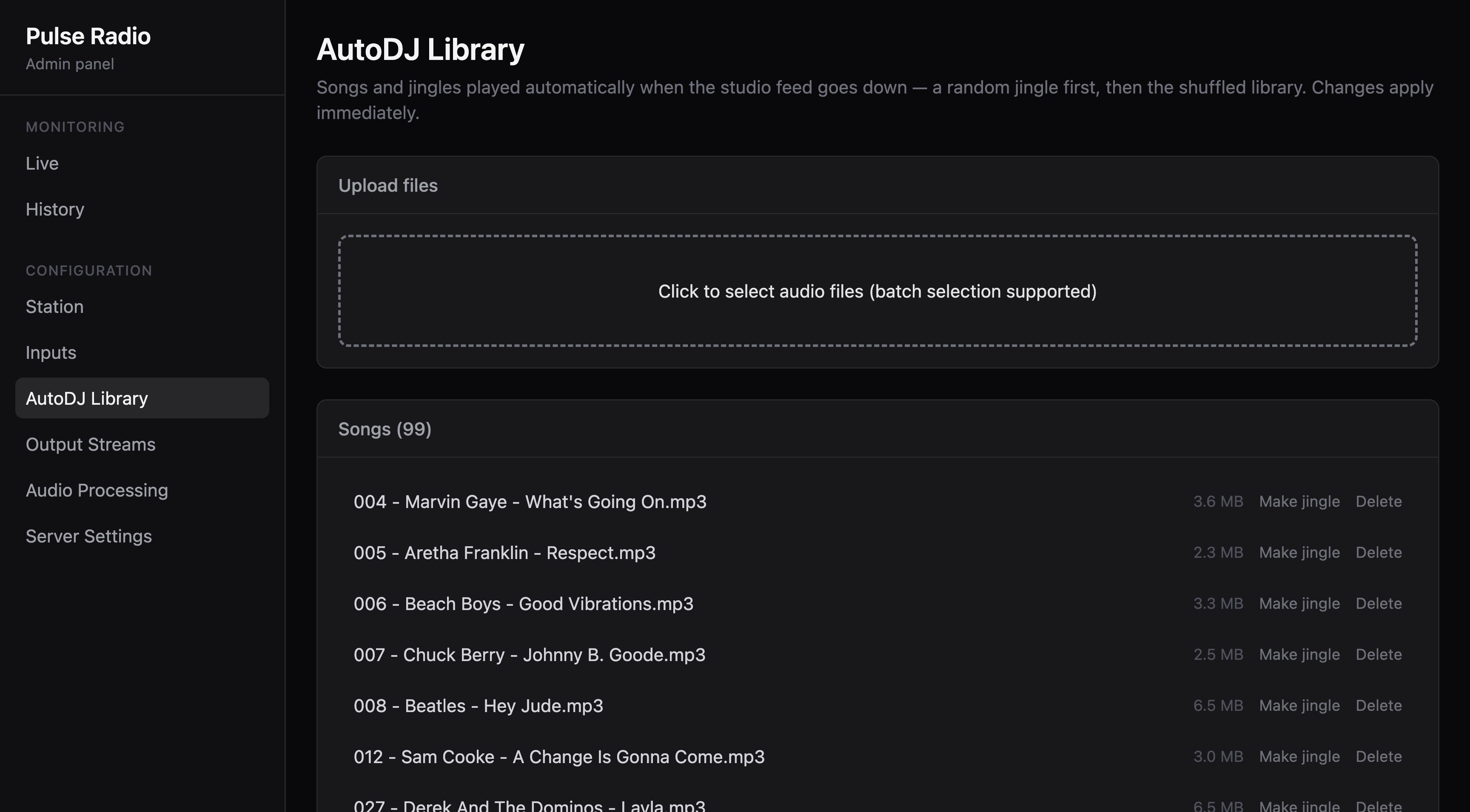 Pulse Broadcast AutoDJ media library in the admin panel